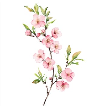 A Watercolor style depiction of delicate pink peach blossoms with green leaves, evoking sense of tranquility and beauty