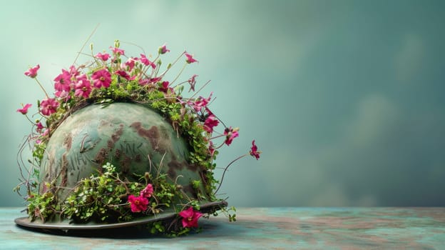 Soldier's helmet filled with vibrant flowers represents peace and new beginnings. the artistic design features a minimalist background with ample space for text, ideal for anti-war campaigns and peaceful initiatives.
