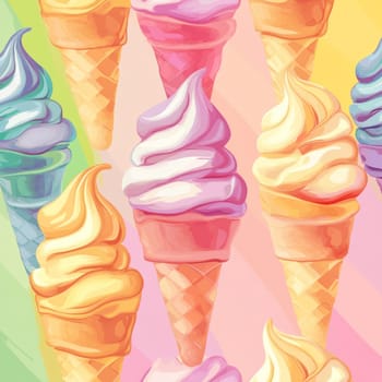 Colorful soft serve ice cream cones stand proudly, showcasing an array of delightful flavors in a cheerful backdrop.
