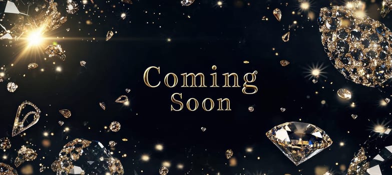 Elegant banner featuring a coming soon message for a jewelry launch. surrounded by sparkling diamonds and golden accents against a lush dark velvet background, it opulence and anticipation of the upcoming event.