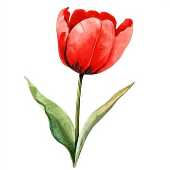 A vibrant red tulip stands tall with green leaves, showcasing its beauty and elegance. This watercolor style artwork captures essence of nature