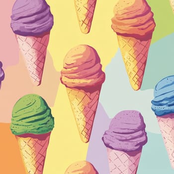 Delightful assortment of swirled ice cream cones in pastel colors arranged over a cheerful backdrop.