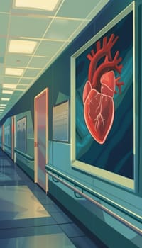 Poster detailing signs and symptoms of arrhythmias displayed in a hospital corridor, emphasizing medical education and patient awareness. the design features a heartbeat line, supporting healthcare communication and information dissemination.
