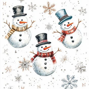 Three playful snowmen adorned with vibrant scarves and hats fill the winter landscape with joy and charm.
