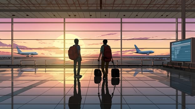 Silhouettes of people with suitcases at the airport. High quality illustration
