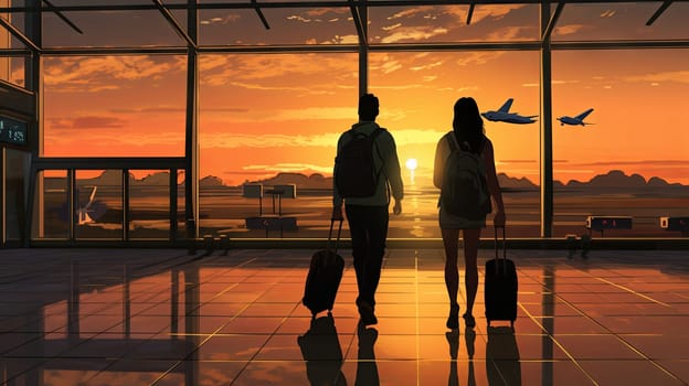 Silhouettes of people with suitcases at the airport. High quality illustration