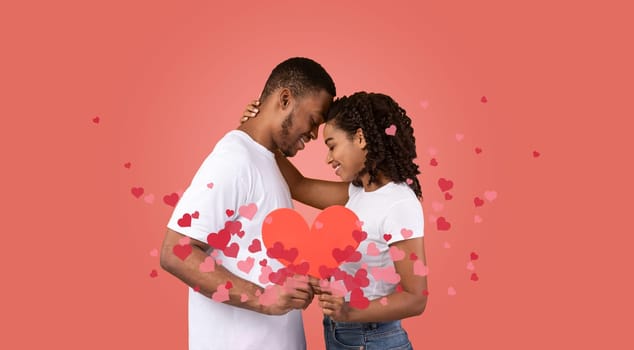 Black couple embrace with joy, sharing a loving kiss surrounded by floating hearts. Their bond radiates affection, perfect for a Valentine's Day celebration or anniversary moment.