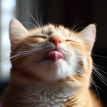 An orange cat enjoys the warm sunlight, expressing bliss with its eyes closed and tongue out, radiating joy.