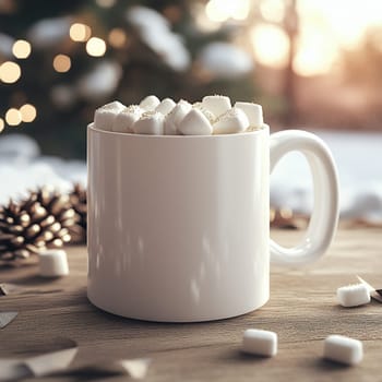 A warm mug filled with rich hot chocolate sits on a wooden table, surrounded by Christmas decor and pinecones.