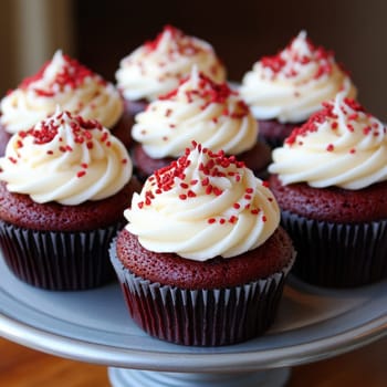 Indulge in a delightful display of red velvet cupcakes, perfectly frosted and waiting to be enjoyed.