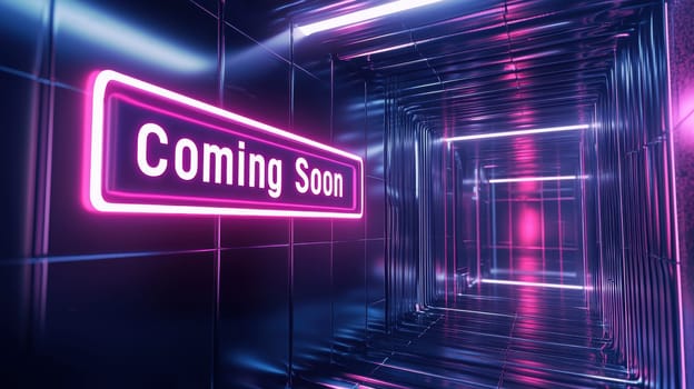 A futuristic glowing coming soon sign hovers in a sleek, metallic setting. the reflective surfaces and ambient lighting create a cutting-edge, high-tech atmosphere, ideal for innovative designs and modern concepts.