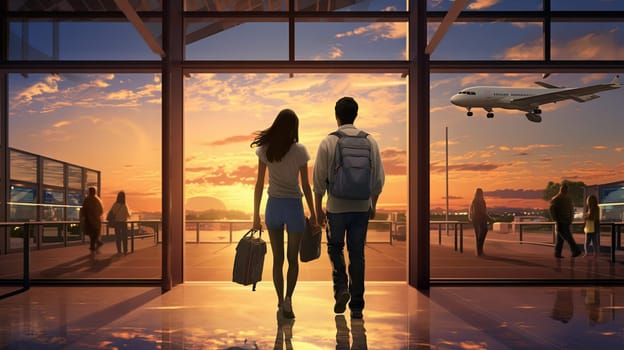 Silhouettes of people with suitcases at the airport. High quality illustration