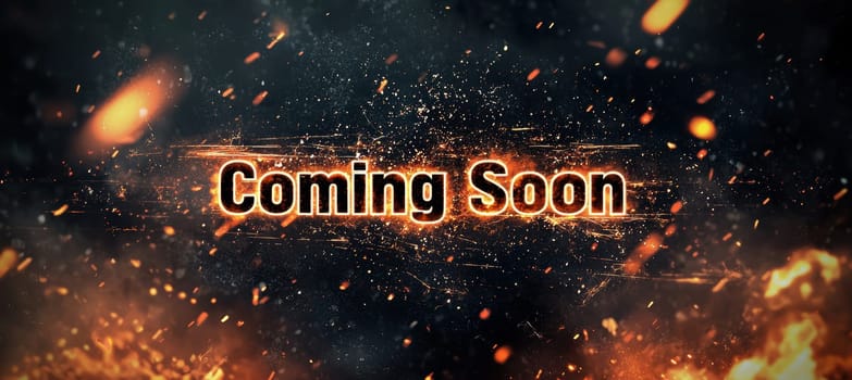 Dramatic coming soon banner set against a dark backdrop illuminated by glowing embers and fiery sparks. the bold central text stands out, ideal for announcing upcoming movies or games. perfect for posters, promotional materials, and marketing designs.