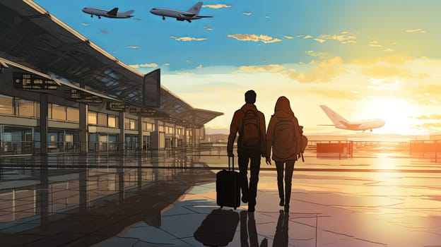 Silhouettes of people with suitcases at the airport. High quality illustration