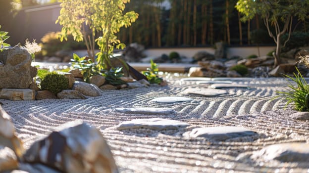 A tranquil zen garden features meticulously raked sand, smooth stones, and a serene pond. this meditative setting symbolizes inner peace and mindfulness, offering a calm retreat for relaxation and contemplation.