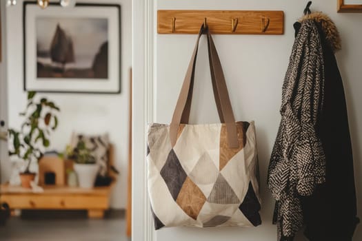 A trendy tote bag with geometric patterns is displayed on a wooden coat rack in a scandinavian style interior. the scene is set with warm lighting, a blend of minimal decor, and natural elements, creating a cozy and inviting atmosphere.