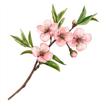 A Delicate pink flowers with green leaves on branch, evoking sense of tranquility and beauty. Perfect for nature themed designs
