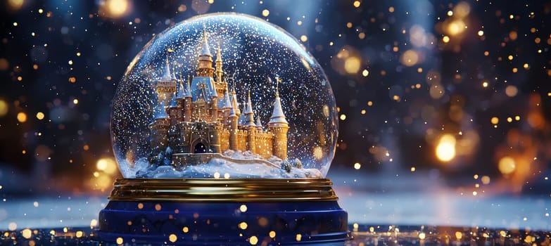 A whimsical snow globe featuring a fairy tale castle enveloped in glittering snow and surrounded by sparkling lights. the royal blue base with golden inlays enhances the enchanting and magical ambiance, ideal for holiday decor.