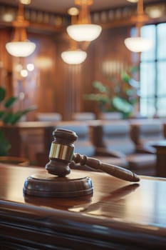 Gavel poised above a sound block in a dimly lit courtroom, symbolizing authority and judicial proceedings. the blurred background highlights the focus on legal decision-making, perfect for justice-themed posters and educational materials.