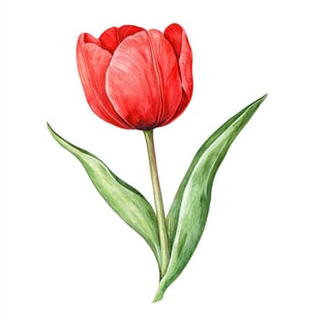 A vibrant red tulip with green leaves, showcasing natural beauty and elegance. Perfect for floral decor or botanical themes