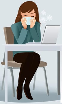 Ill girl: working hard, office productivity, battling sickness, focused effort, commitment at work, workplace challenge, determination despite illness, professional attitude,
