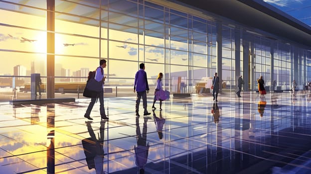 Silhouettes of people with suitcases at the airport. High quality illustration