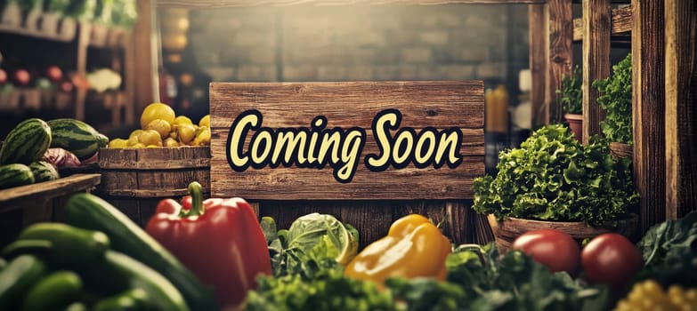 A rustic banner featuring the words coming soon in handwritten typography, set against a backdrop of wooden textures. the image highlights an array of fresh produce with a warm, soft sunlight glow, ideal for promoting farm-to-table concepts.