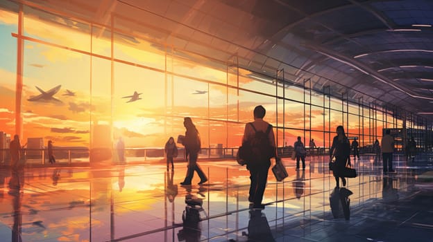 Silhouettes of people with suitcases at the airport. High quality illustration