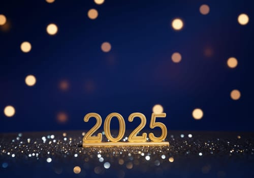 Glimmering lights create a festive atmosphere as golden numbers stand proud, welcoming the New Year of 2025.