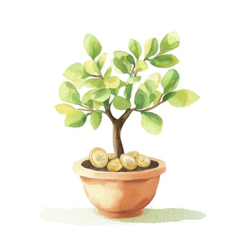 A watercolor style depiction of money tree with green leaves and coins in pot, symbolizing prosperity and growth
