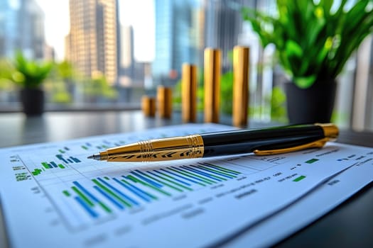 Financial growth concept: bar graph, rising trend, stock market success, business document, project management chart, ERP module, commercial building, cityscape, economic progress