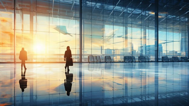Silhouettes of people with suitcases at the airport. High quality illustration