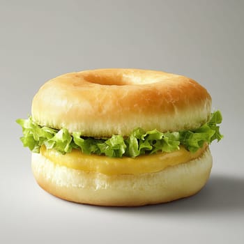 A toasted bagel sandwich filled with crisp lettuce and delicious melted cheese rests on a neutral background.