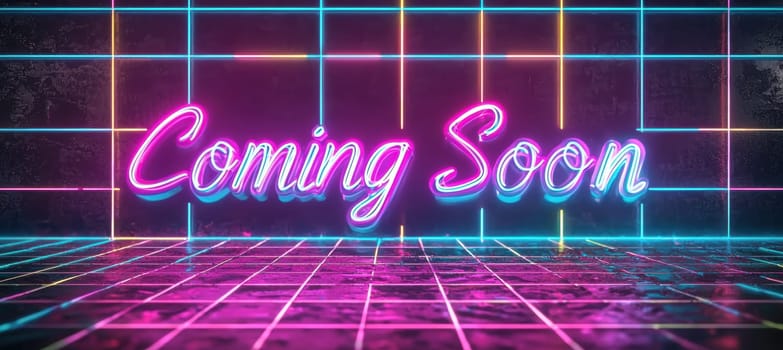Vibrant coming soon banner featuring a retro 80s theme. neon colors illuminate the grid background, paired with glowing cursive text, creating a classic vintage look ideal for posters, announcements, or digital designs.