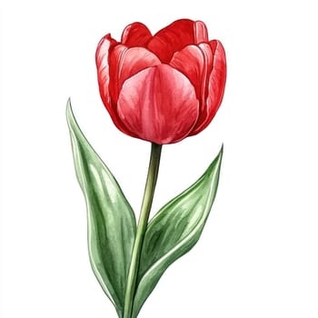 A vibrant red tulip with lush green leaves, symbolizing beauty and elegance. This stunning flower captures attention with its rich color and