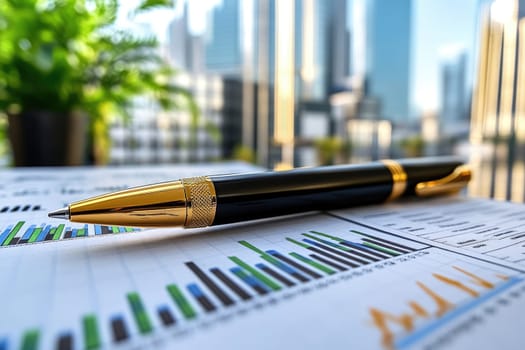 Business success idea: graph line, stock trend, financial document, rising market, ERP Gantt chart, commercial building exterior, urban background, project module, corporate growth strategy