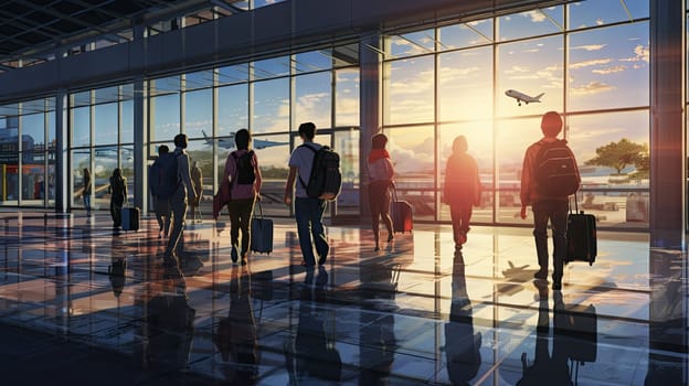 Silhouettes of people with suitcases at the airport. High quality illustration