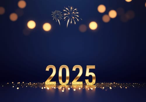Golden numbers for the year 2025 shine brightly against a deep blue backdrop, with colorful fireworks bursting above.