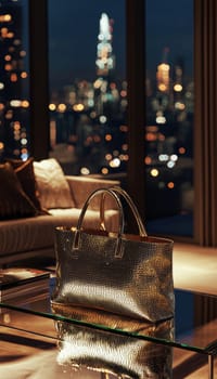 A luxurious metallic tote bag sits elegantly on a sleek glass table in a stylish penthouse apartment, with the vibrant city lights providing a stunning backdrop. the reflective surfaces create a sophisticated, urban ambiance.