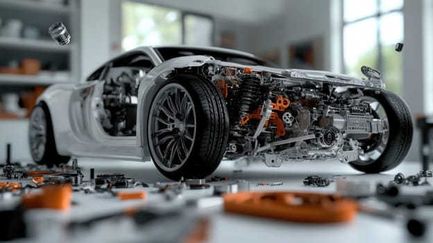Car X-ray: disassembled car parts, transparent body, automotive engineering, suspension design, technological elements, interior design, innovative solutions, car mechanics, high technology