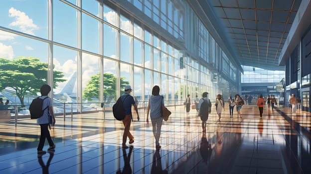 Silhouettes of people with suitcases at the airport. High quality illustration