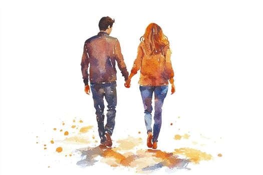 A couple walking hand in hand, enjoying romantic moment together. Their connection is beautifully captured in watercolor style