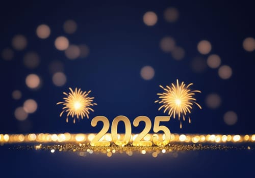 Golden numbers showcase the arrival of 2025, surrounded by vibrant sparks and a festive atmosphere.