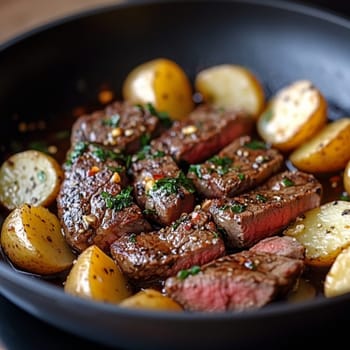 Savor the sight of tender steak paired with golden roasted potatoes, seasoned to perfection in a warm kitchen.