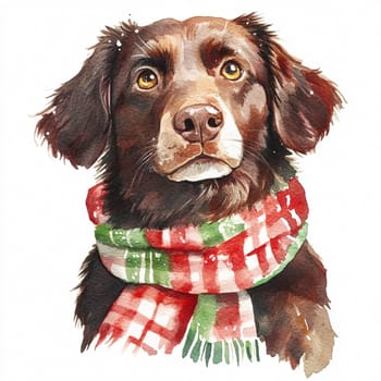A lovable brown dog with soulful eyes wears a festive checkered scarf, radiating warmth on a chilly winter day.