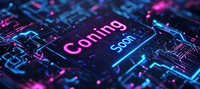 Futuristic coming soon banner featuring a digital interface with neon blue and pink circuit patterns. the sleek, minimal text sits against a dark background, ideal for tech-themed announcements or design elements in digital media.