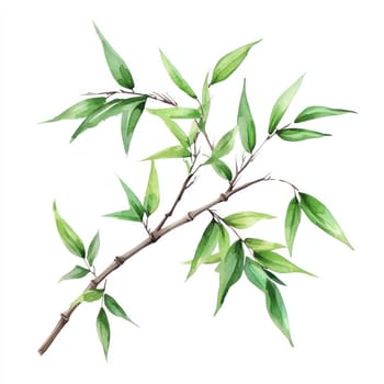 A Watercolor style depiction of bamboo branch with vibrant green leaves, showcasing nature beauty and tranquility