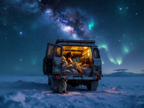 Woman lying in a camper van bed, admiring the Milky Way and Aurora Borealis in a snowy landscape, accompanied by her dog. Ai generated