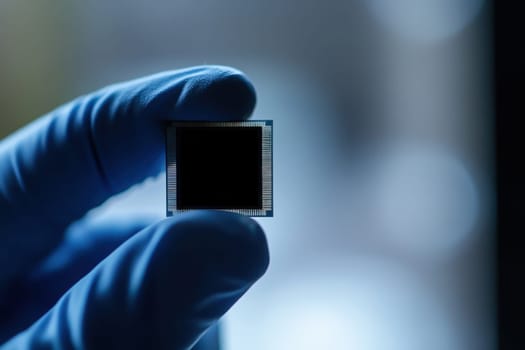 A close-up view of a hand holding a microchip, showcasing technology and innovation in the electronic industry. High quality illustration