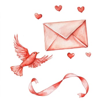 A flying bird carries love letter surrounded by hearts and ribbon, evoking romance and joy